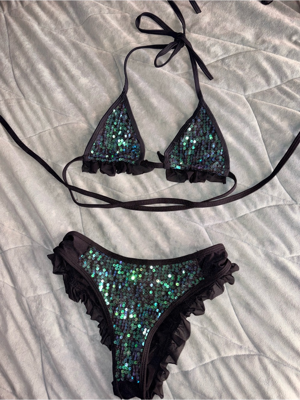 Dolls Kill Black Iridescent Green Sequin Ruffle Bikini Rave Set Halter Micro M